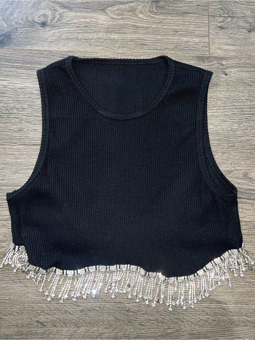Nasty Gal Black Ribbed Crop Top with Crystal Fringe